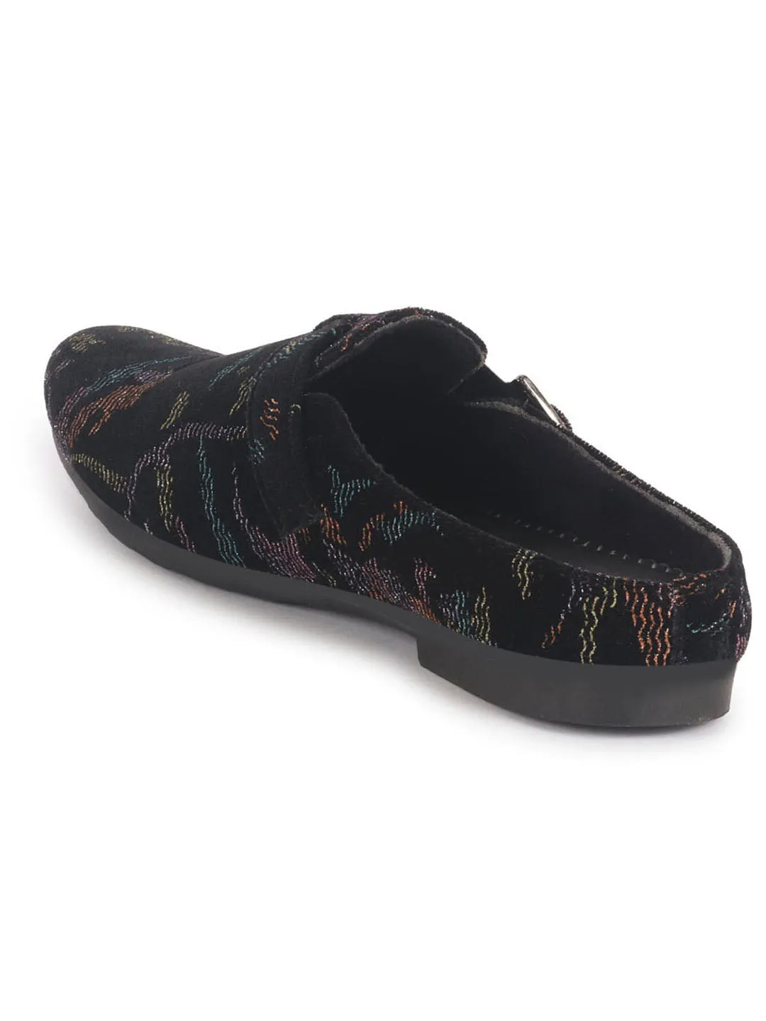 Men Black Abstract Print Back Open Velvet Ethnic Kurta Shoes Mojaris with Side Adjustable Strap|Festive Shoes Slip On