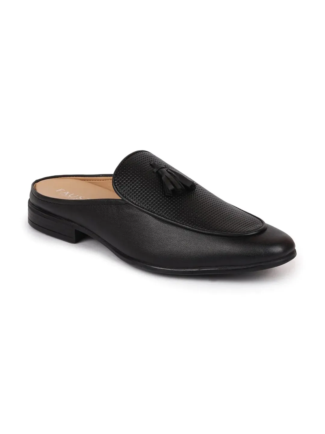 Men Black Back Open Tassle Leather Slip On Shoes