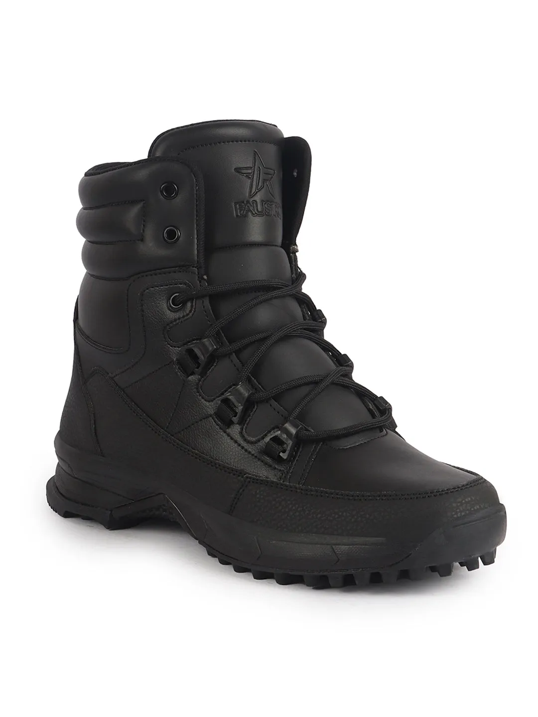 Men Black High Top 3-Eye Lace Up High Ankle Winter Biker Boots|Trekking Boots|Hiking Boots|Basketball Shoes|Good Sole Grip Traction