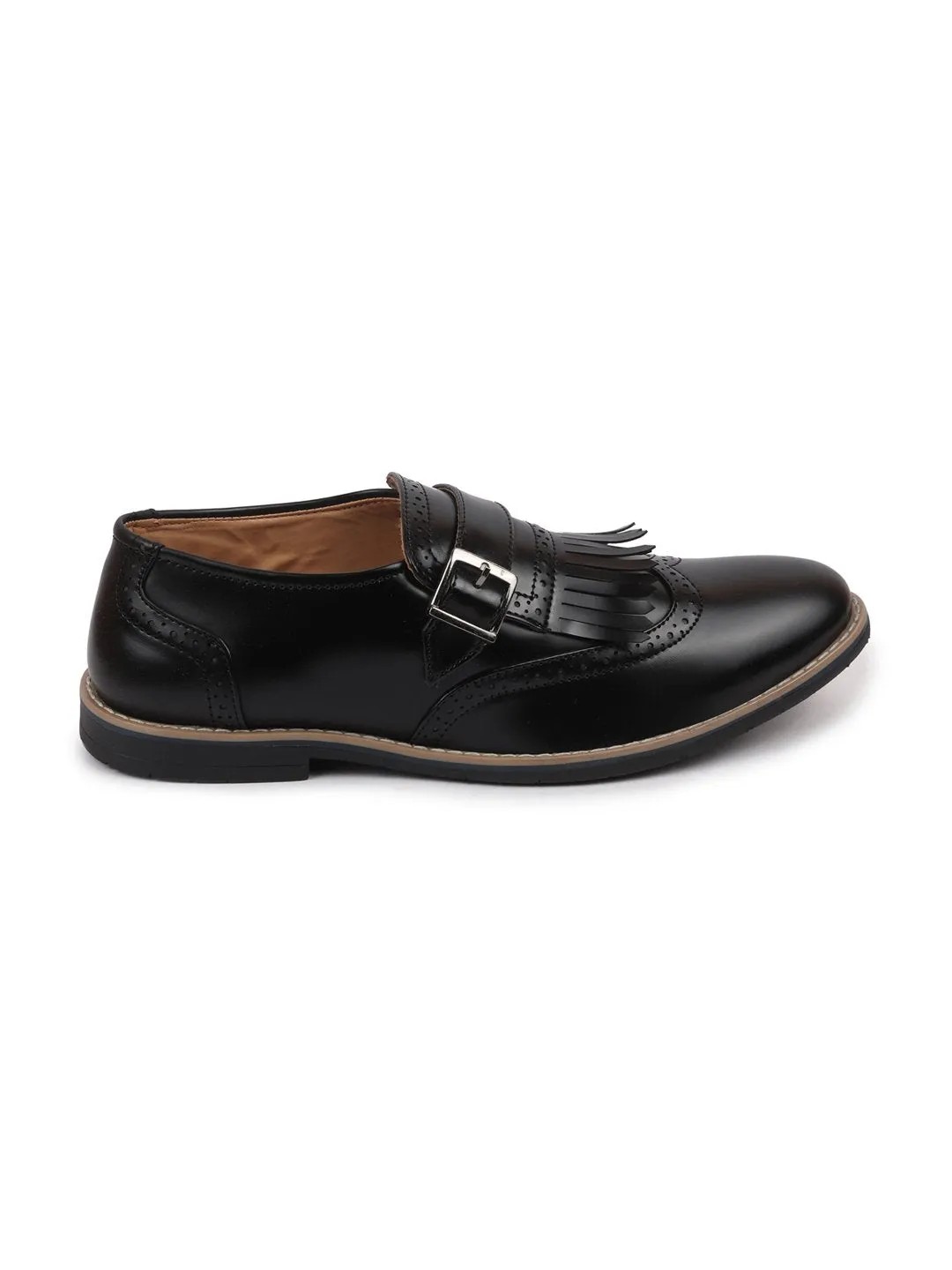 Men Black Monk Single Strap Fringe Formal Shoes with TPR Welted Sole