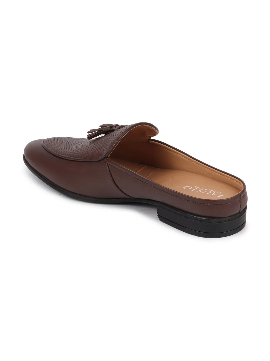 Men Brown Back Open Tassle Leather Slip On Shoes