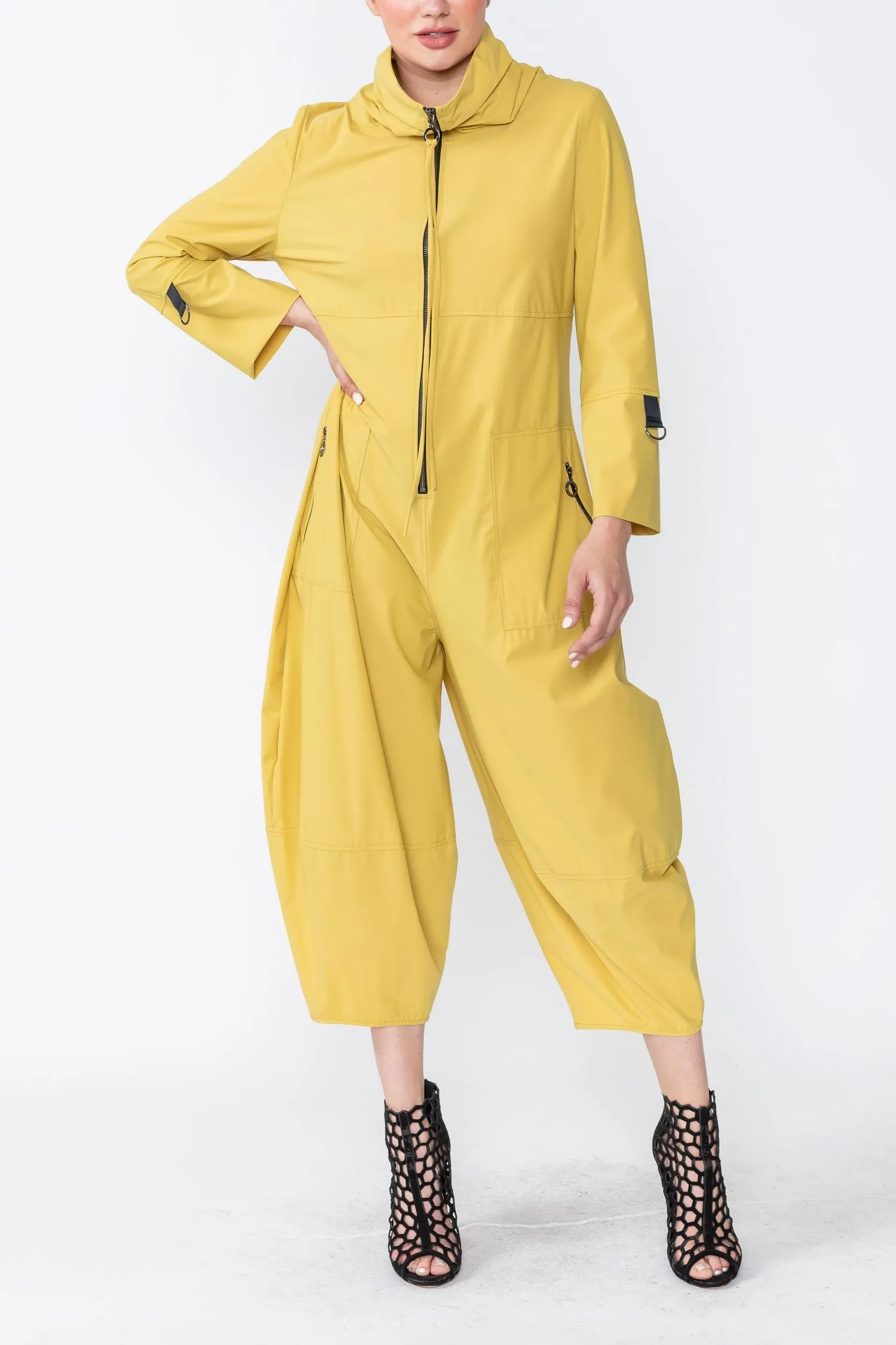 Mustard Zip-Up Front Cropped Long Sleeve Jumpsuit