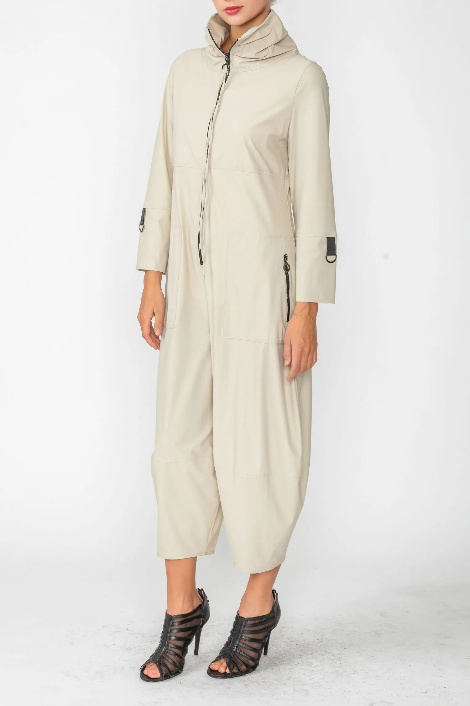 Oyster Zip-Up Front Cropped Long Sleeve Jumpsuit