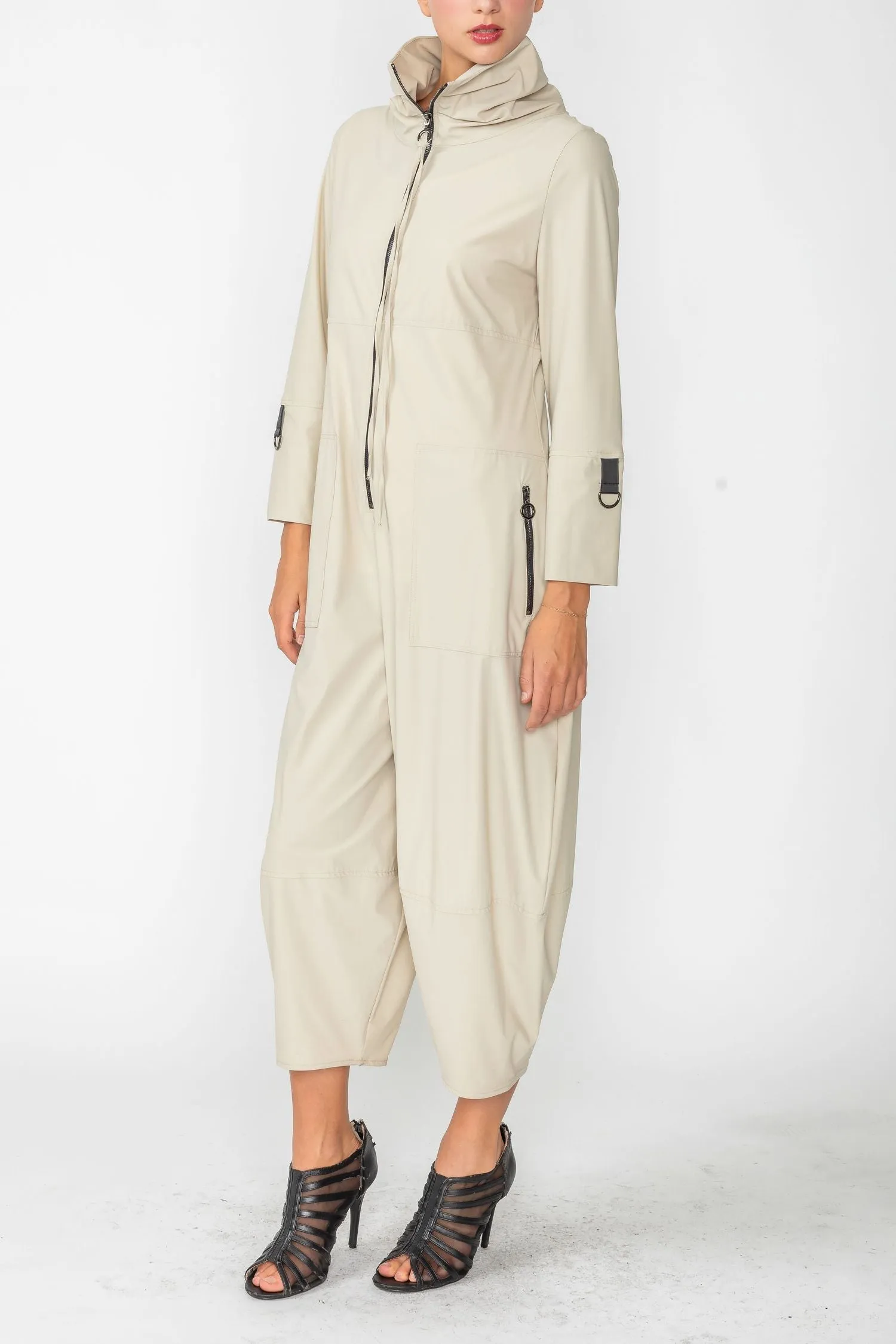 Oyster Zip-Up Front Cropped Long Sleeve Jumpsuit