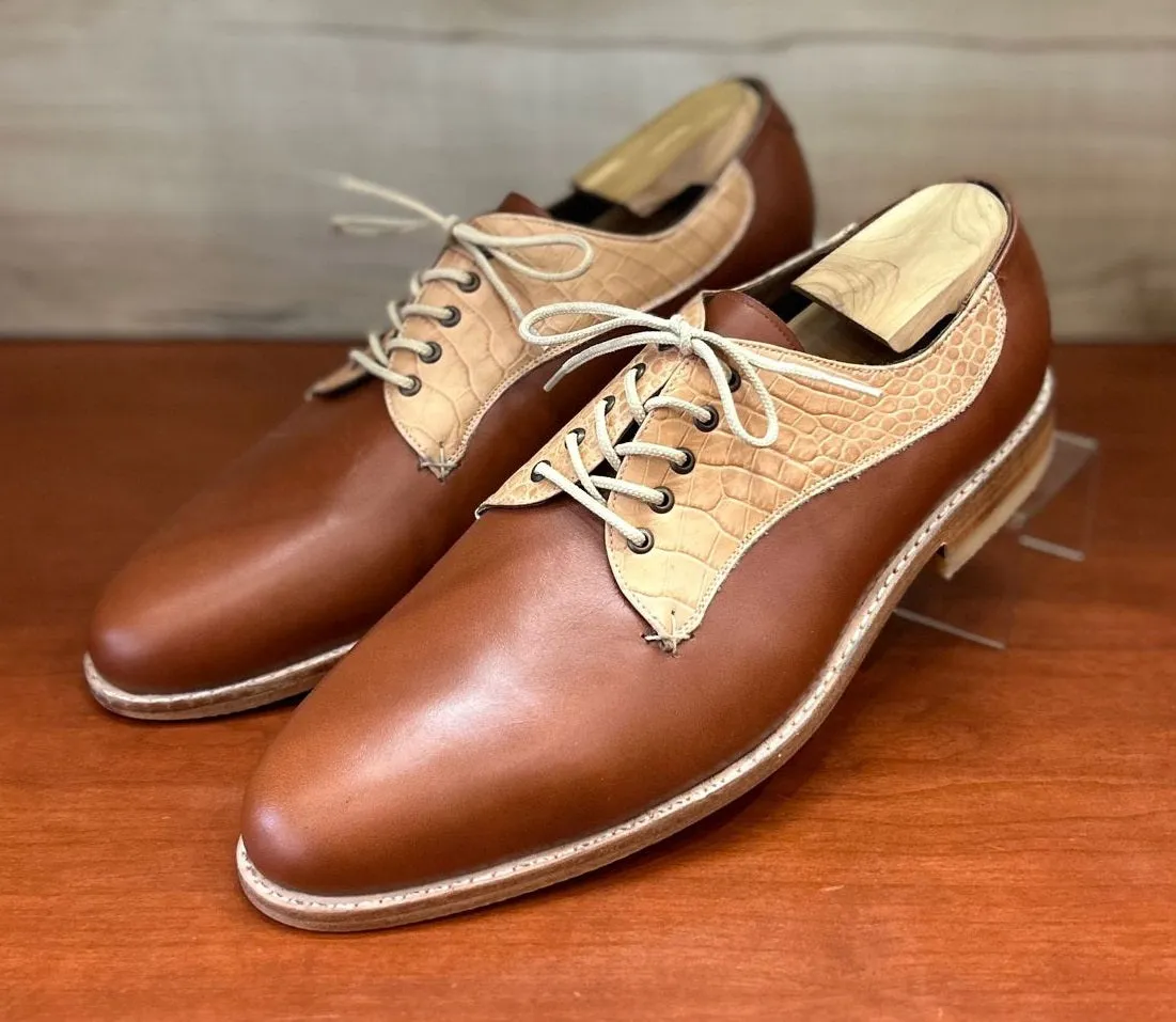 Pedro chestnut & biege Crocodile print leather Derby mens shoes