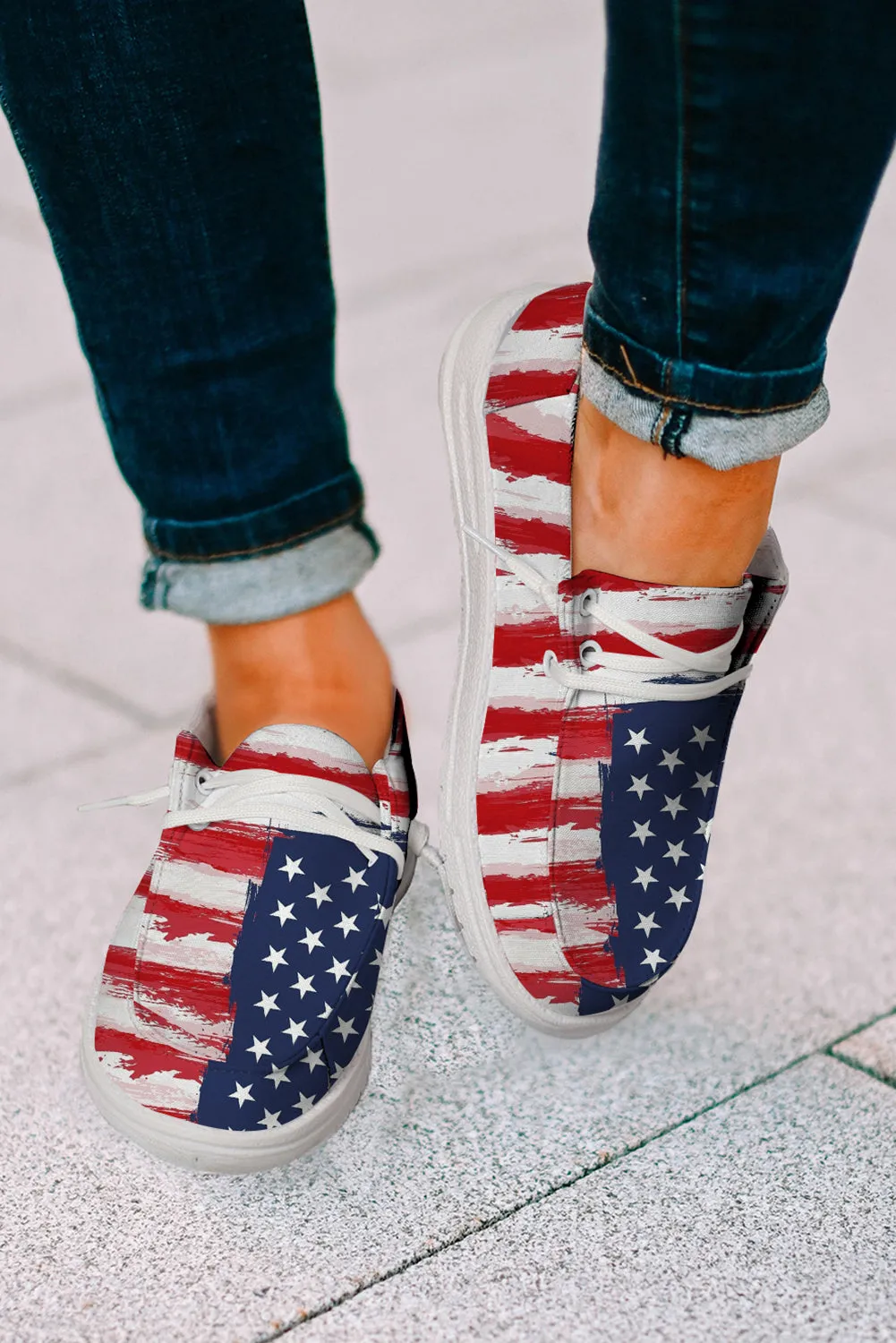 Red Fourth of July Flag Pattern Lace Up Flat Shoes