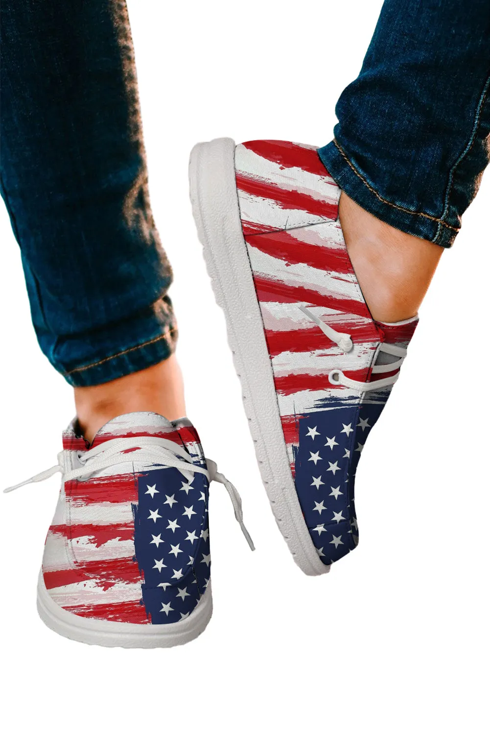 Red Fourth of July Flag Pattern Lace Up Flat Shoes