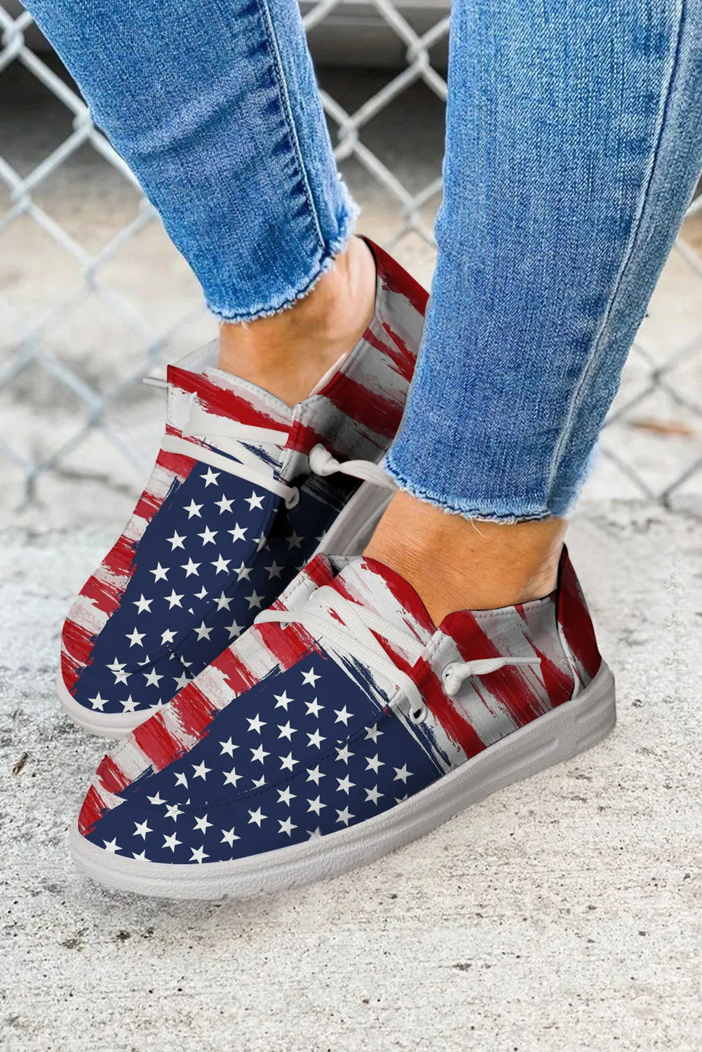 Red Fourth of July Flag Pattern Lace Up Flat Shoes