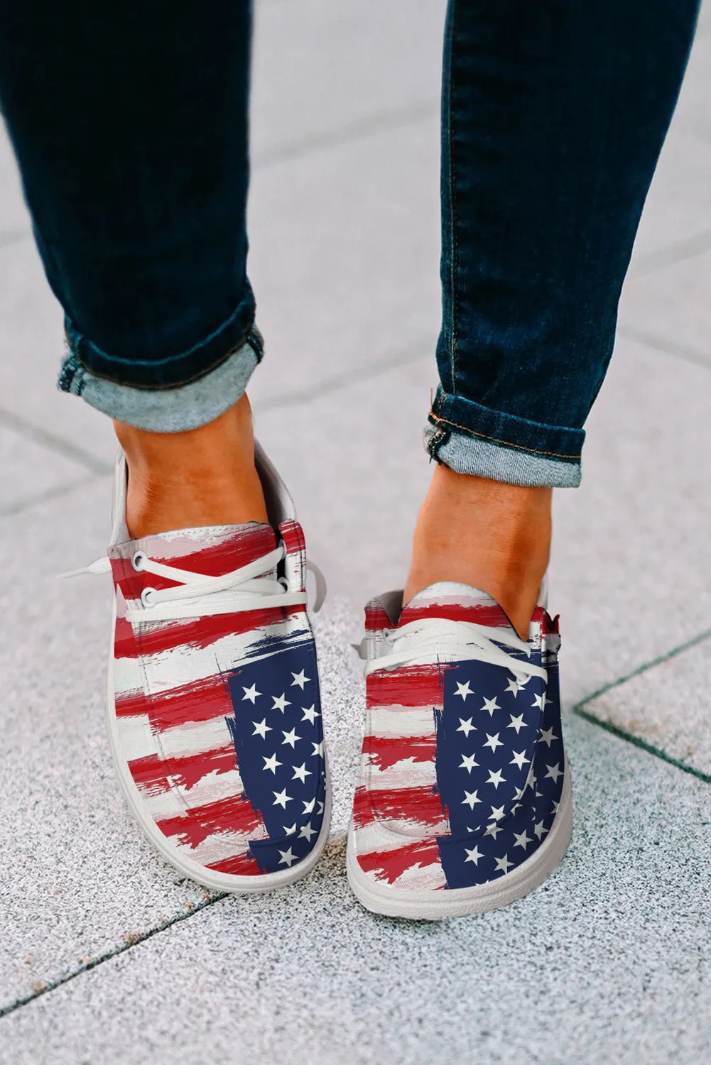 Red Fourth of July Flag Pattern Lace Up Flat Shoes