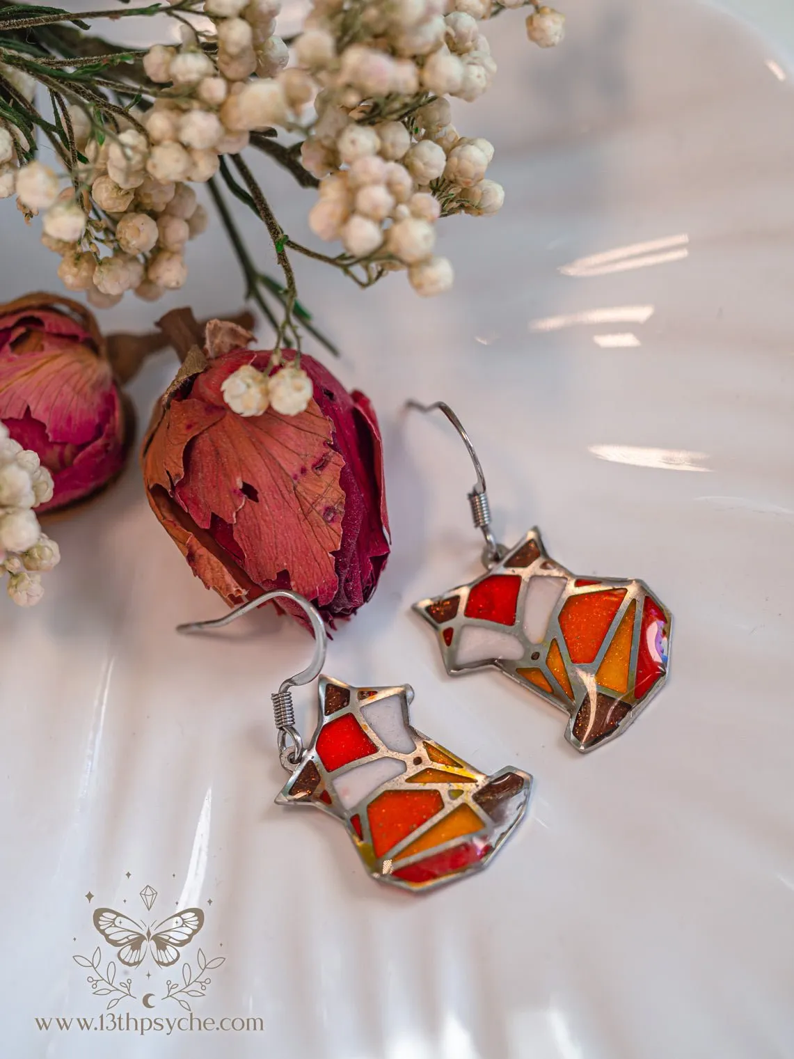 Stained glass inspired cute fox earrings