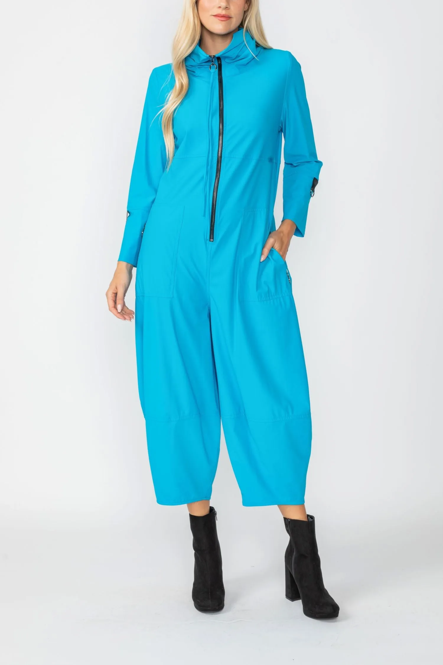 Turquoise Zip-Up Front Cropped Long Sleeve Jumpsuit