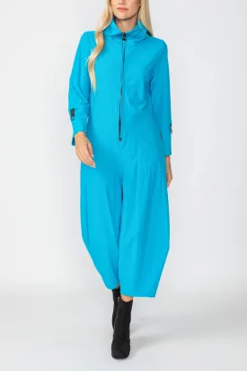 Turquoise Zip-Up Front Cropped Long Sleeve Jumpsuit