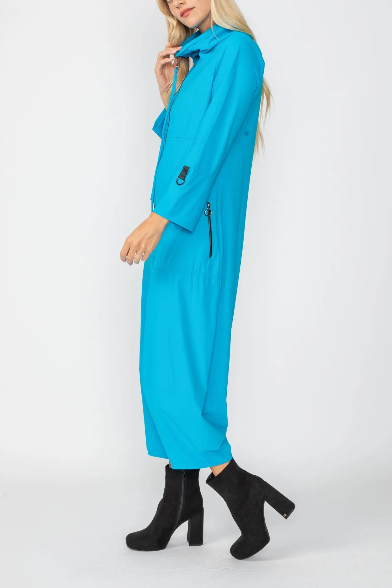 Turquoise Zip-Up Front Cropped Long Sleeve Jumpsuit