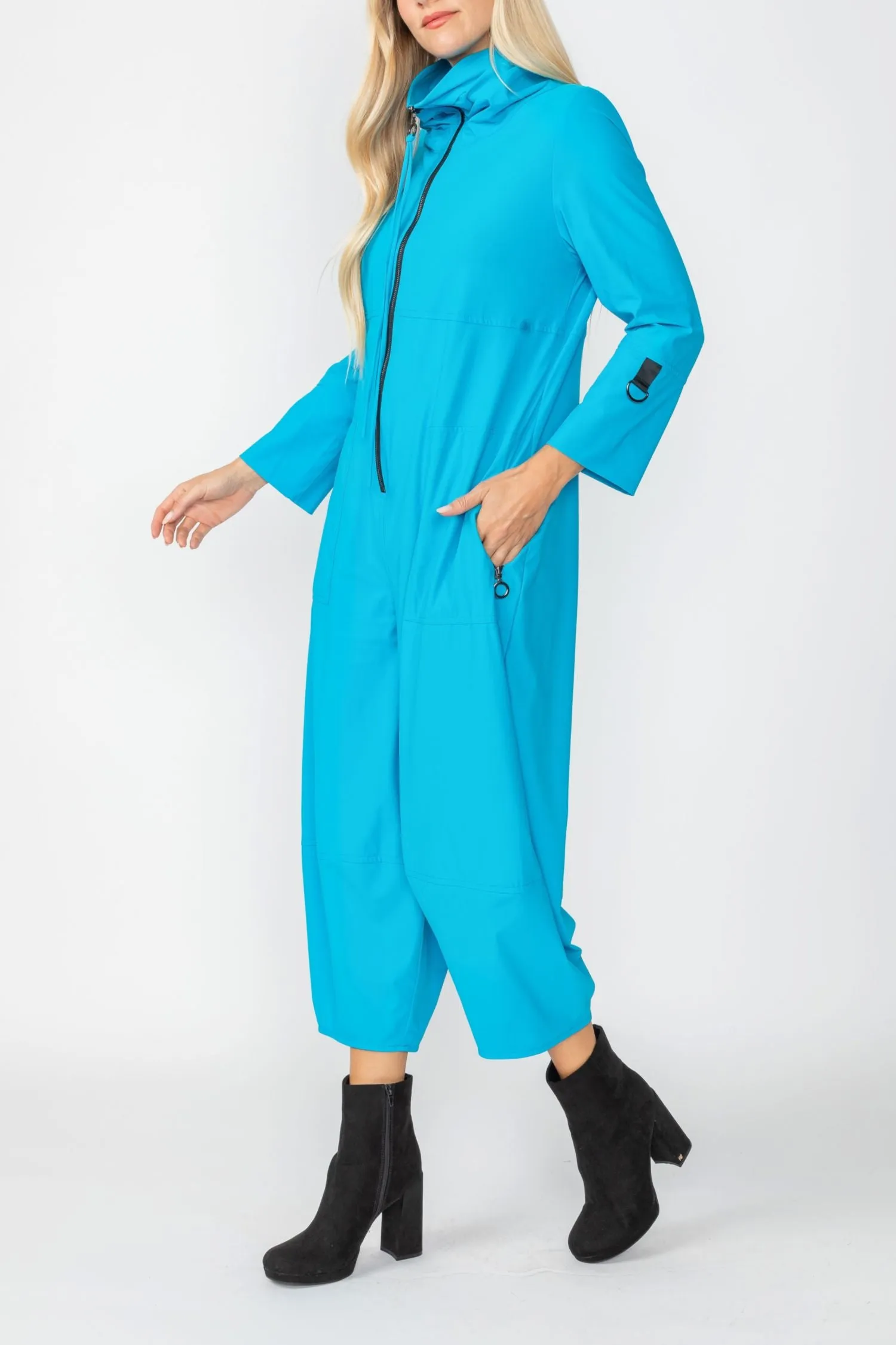 Turquoise Zip-Up Front Cropped Long Sleeve Jumpsuit