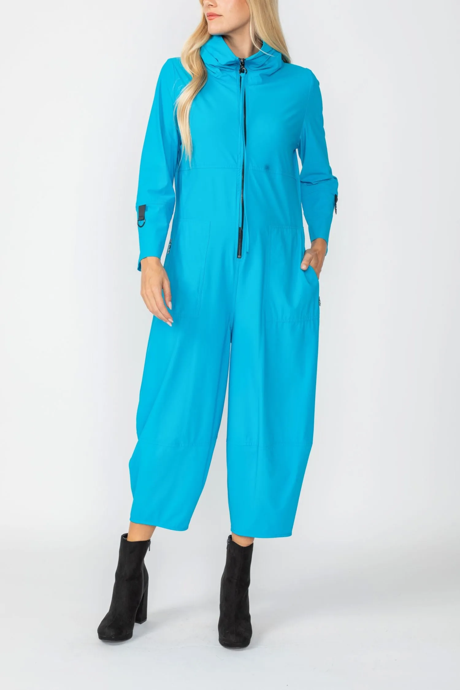 Turquoise Zip-Up Front Cropped Long Sleeve Jumpsuit