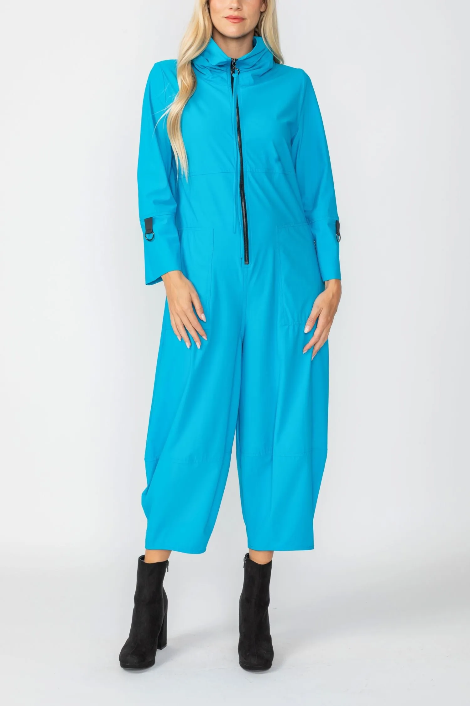 Turquoise Zip-Up Front Cropped Long Sleeve Jumpsuit