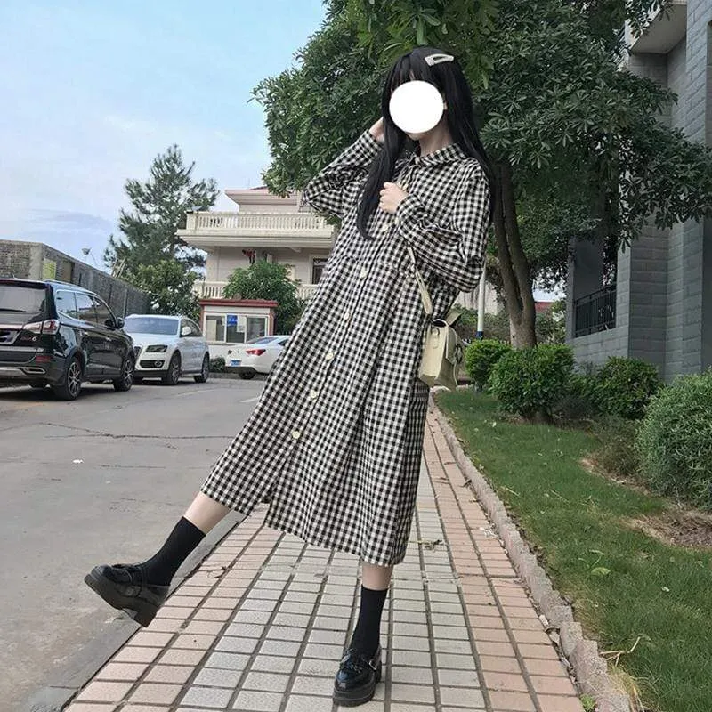 Women's Casual Contrast Color Plaid Single-breasted Dresses