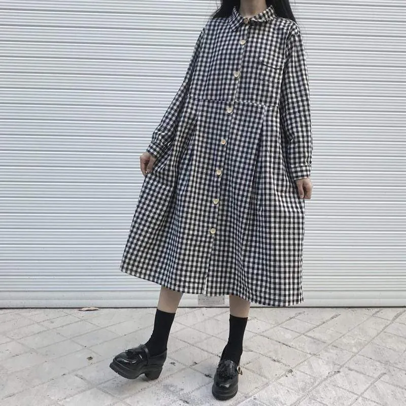 Women's Casual Contrast Color Plaid Single-breasted Dresses