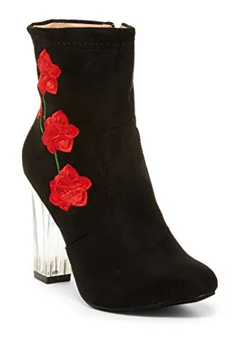 Women's Clarity-7 Designer Floral Print Clear Lucite Heel Tall Ankle Boots