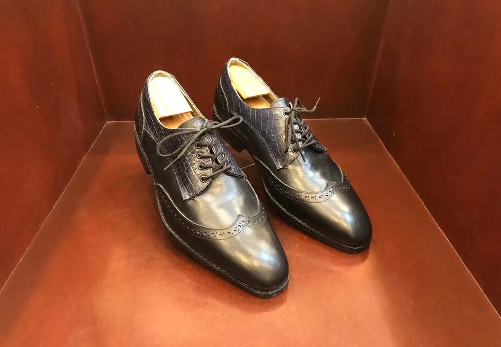 Zapato Sanchez Custom Made Shoes Javier Black Wing tip Men's Shoes